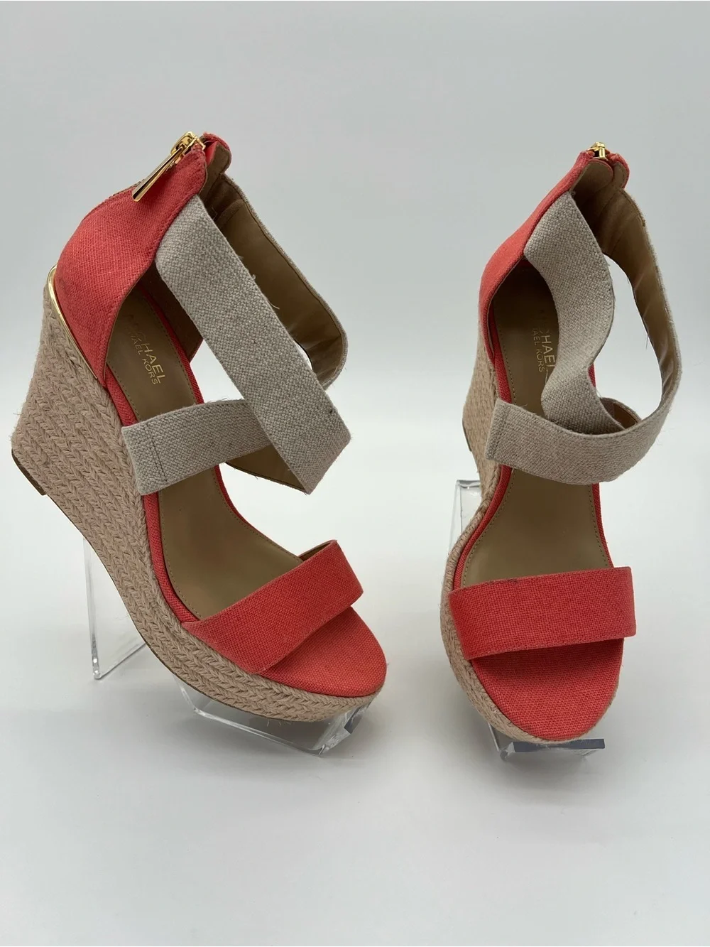 Michael Kors Coral and Natural Canvas Espadrille Wedge Sandals size 7.5
